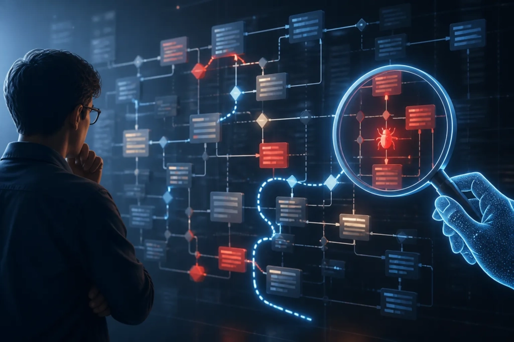 Debugging assistito da AI in una struttura software complessa con nodi e percorsi evidenziati.