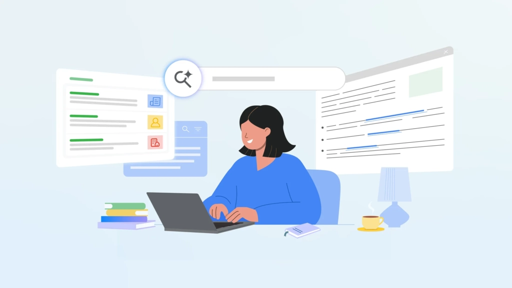 An illustration of a woman using a laptop to search the web, with search result snippets and a search bar icon floating around her desk.
