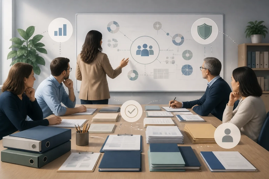 Una scena concettuale mostra una scuola che organizza l’uso dell’intelligenza artificiale con documenti, controllo umano e processi ordinati.