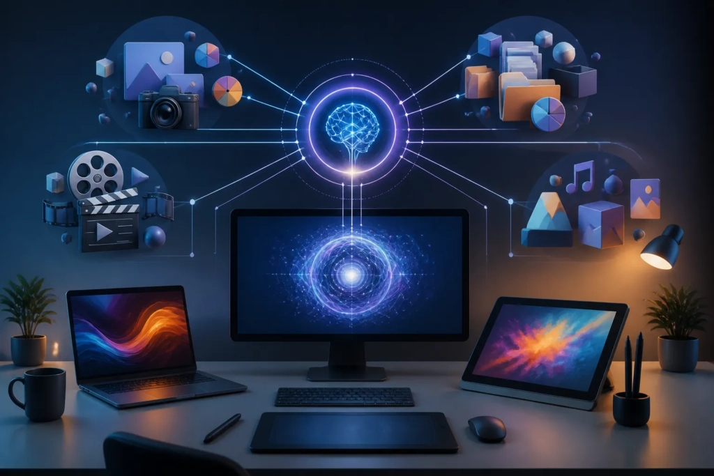 Rappresentazione concettuale di una suite creativa open source sviluppata con l’aiuto dell’intelligenza artificiale.