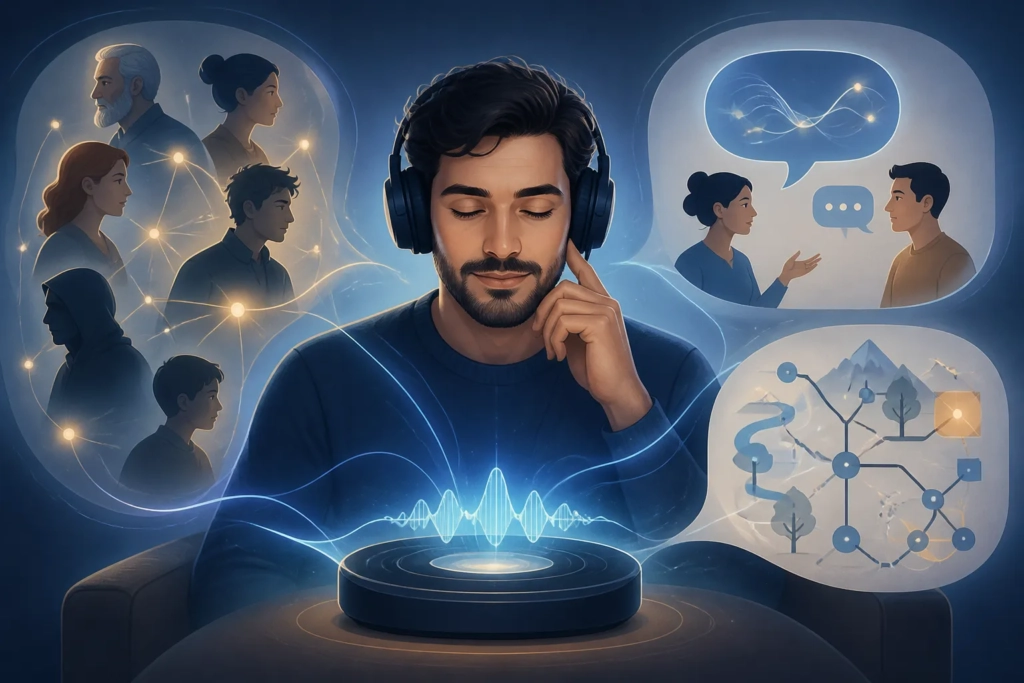 Illustrazione concettuale di un audiolibro con orientamento sui personaggi, dialogo e riferimenti visivi.