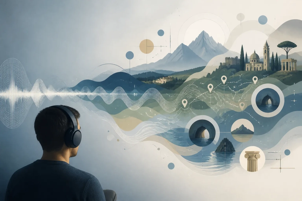 Illustrazione concettuale di un ascolto audio affiancato da mappe e contenuti visivi contestuali.