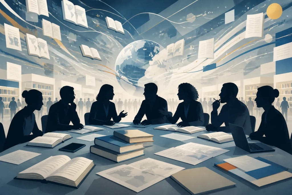 Illustrazione concettuale di professionisti dell’editoria che discutono l’uso dell’AI nella traduzione e nei contenuti.