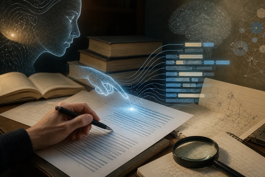 Illustrazione concettuale di traduzione letteraria con revisione umana e supporto tecnologico.