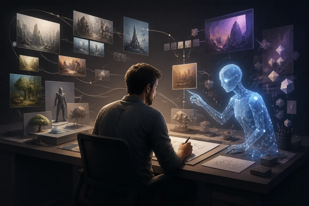 Una figura umana e un’assistenza AI collaborano nella creazione di un videogioco, con la persona al comando.