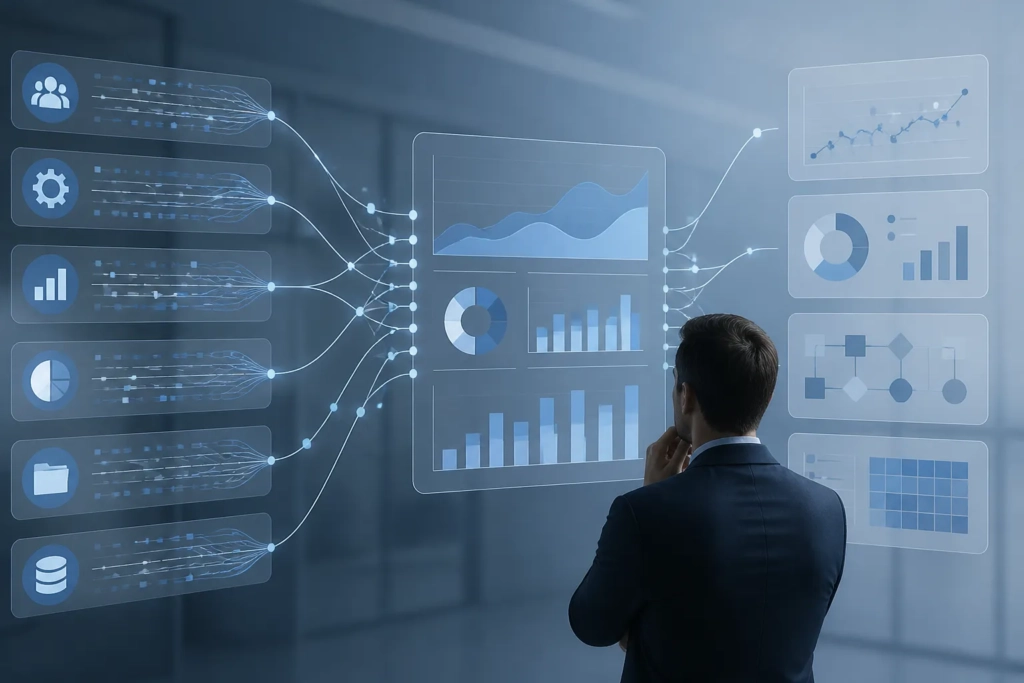 Visualizzazione concettuale di un report aziendale con dati di utilizzo, attività e costi dell’AI.