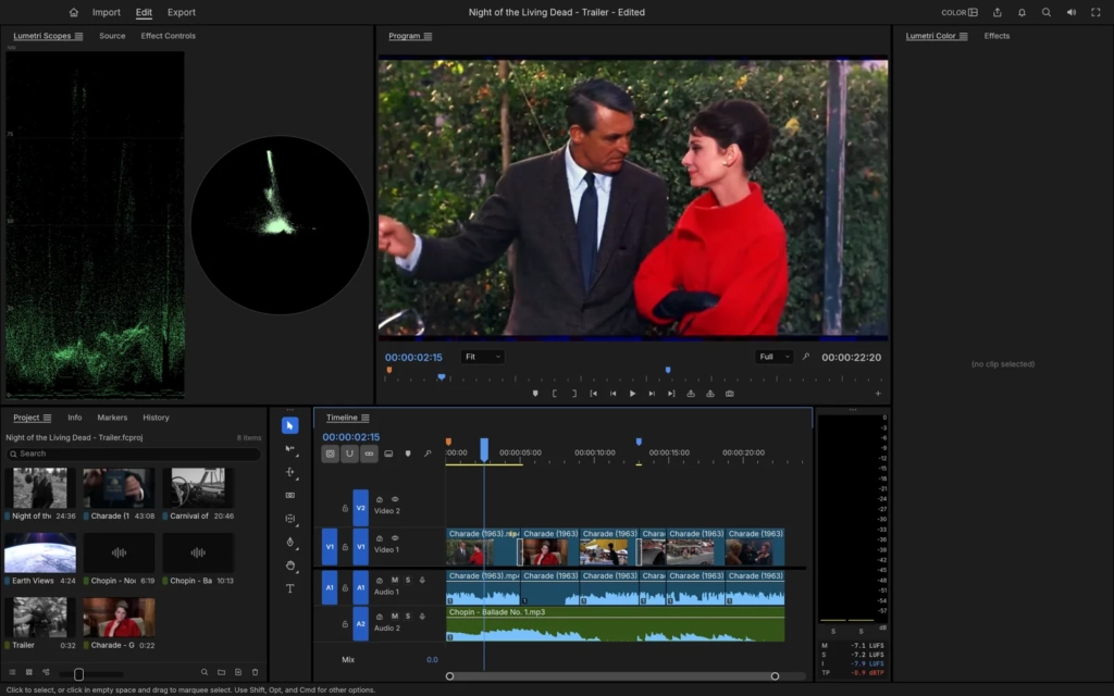 FilmCraft with video scopes, the program monitor showing Charade (1963), and a multi-track timeline