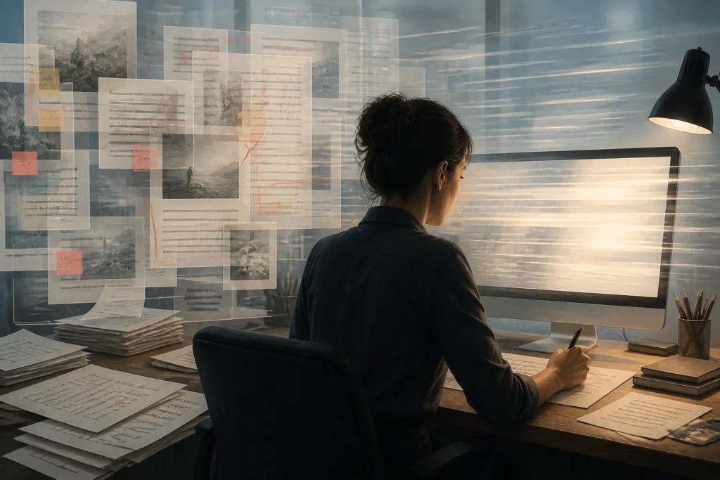 Una scrivania con bozze, appunti e materiali sovrapposti che visualizzano il lavoro nascosto dietro un testo generato con AI.