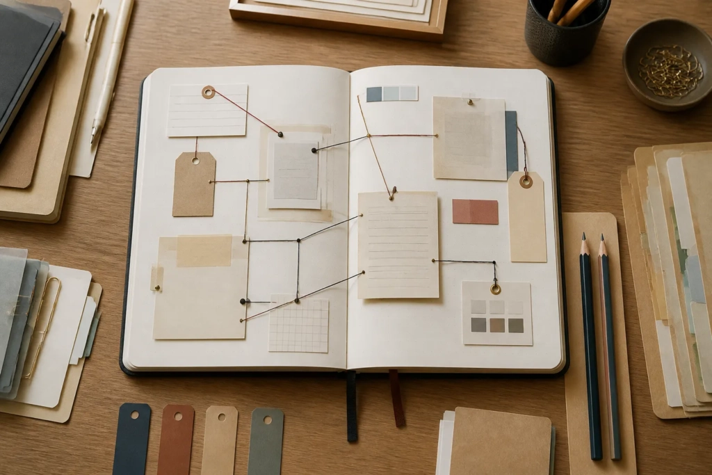 Un quaderno di bordo aperto con schede collegate tra loro che rappresentano istruzioni, varianti e decisioni documentate.