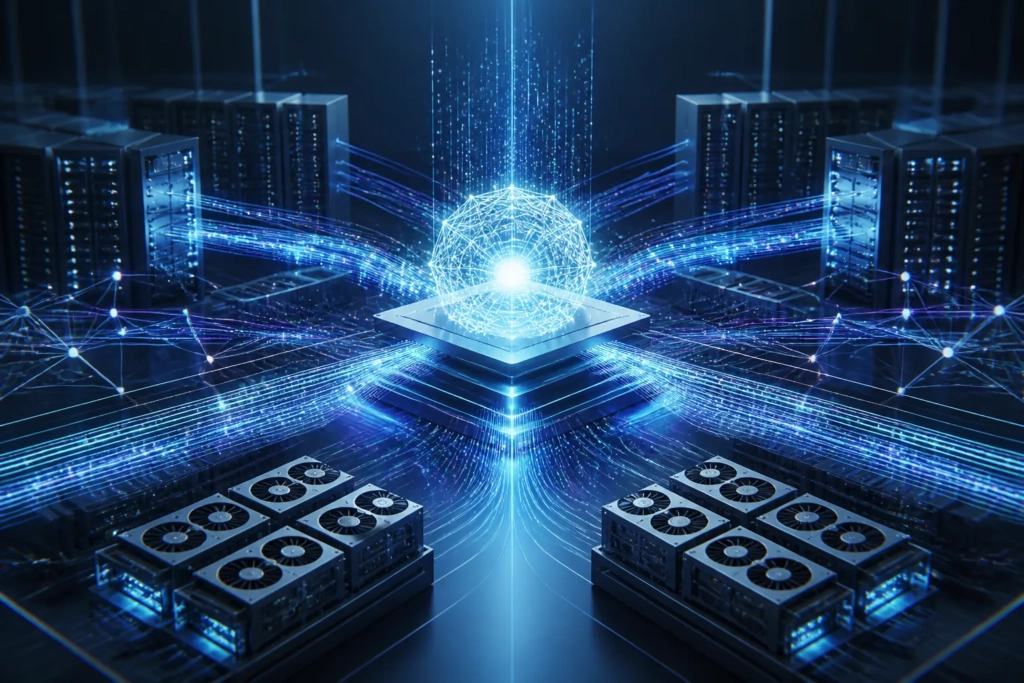 Schema concettuale di un sistema di inferenza AI con server e flussi di dati.