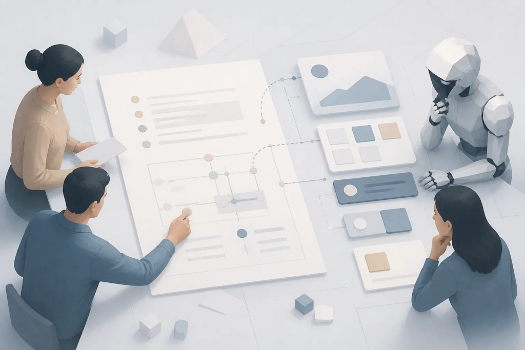 Rappresentazione concettuale di specifiche di design condivise tra persone e agente AI.