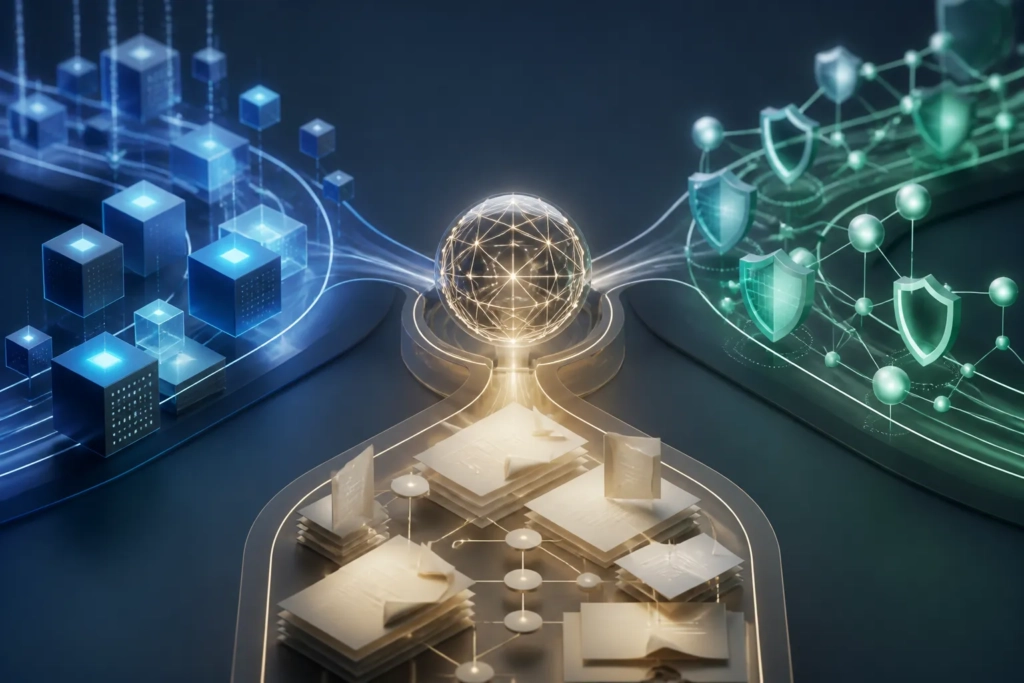 Illustrazione concettuale di un modello AI collegato a sviluppo software, documenti aziendali e difesa informatica.