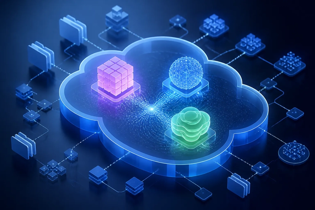 Un cloud centrale che collega tre moduli AI diversi in un unico ambiente aziendale.