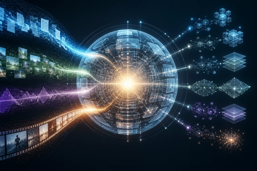 Illustrazione concettuale di un modello AI avanzato che unisce più tipi di input in un sistema di ragionamento centralizzato.