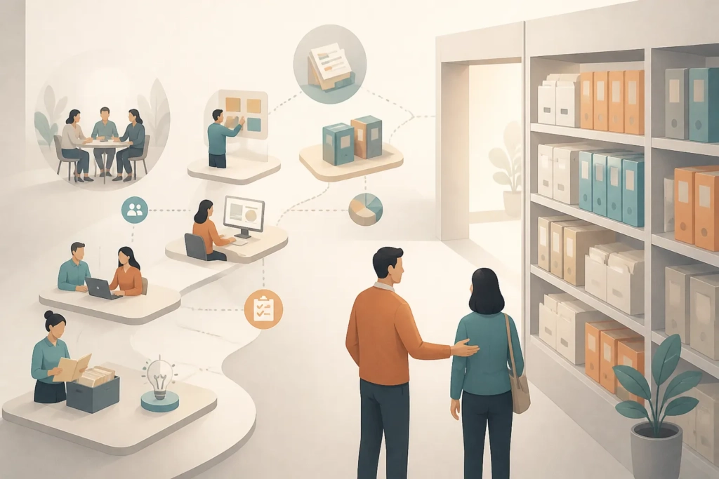 Illustrazione concettuale di onboarding editoriale con percorso guidato, documenti organizzati e collaborazione tra persone.
