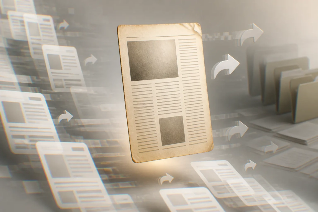 Una pagina di rivista apparentemente autentica circondata da segnali di condivisione digitale e manipolazione.