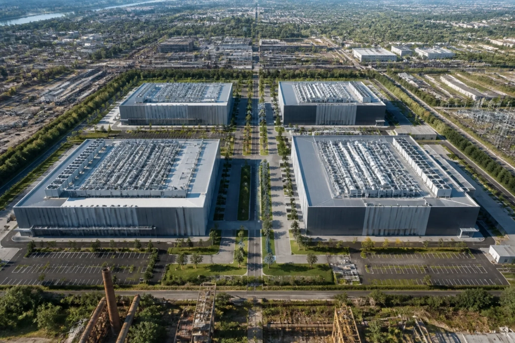 Rappresentazione di un grande campus di data center costruito su un’area industriale riconvertita.