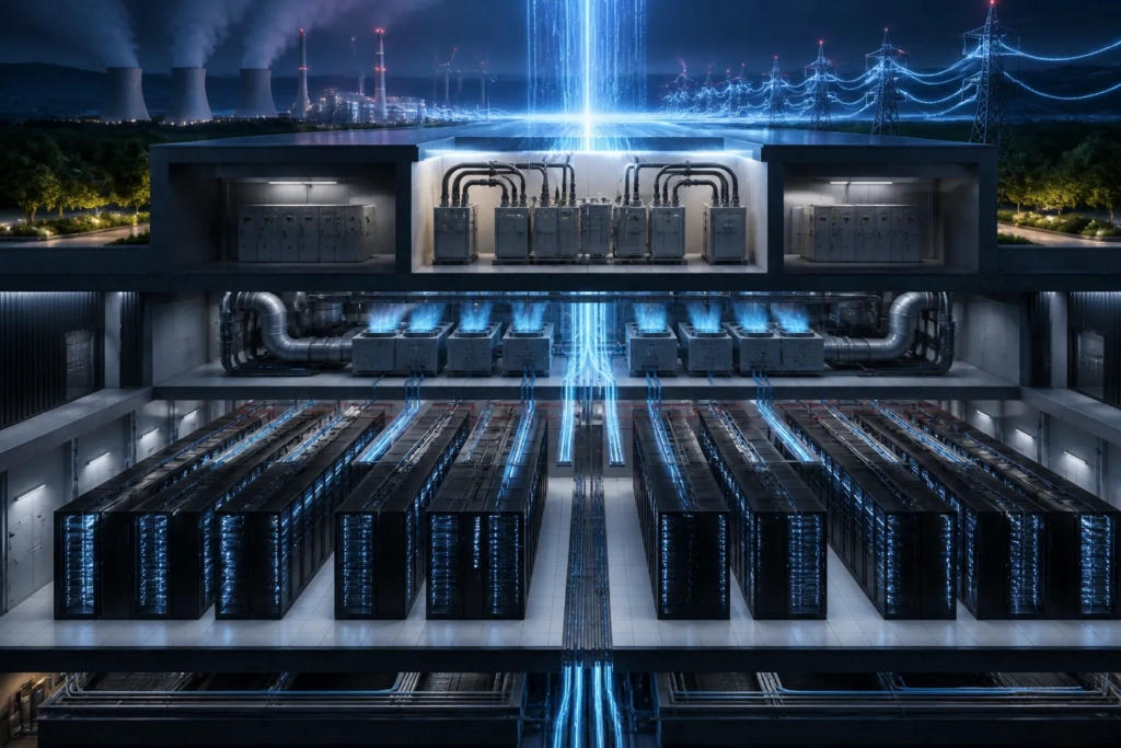 Schema concettuale di un data center con server e flussi di energia.