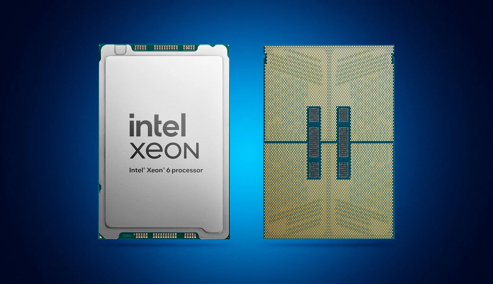 Vista anteriore e posteriore di un processore Intel Xeon 6 con P-cores, su sfondo blu.