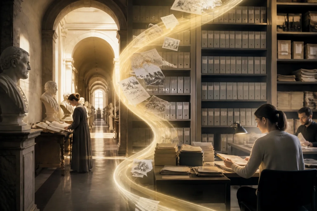 Illustrazione concettuale di documenti civici e conoscenza pubblica collegati tra passato e presente.