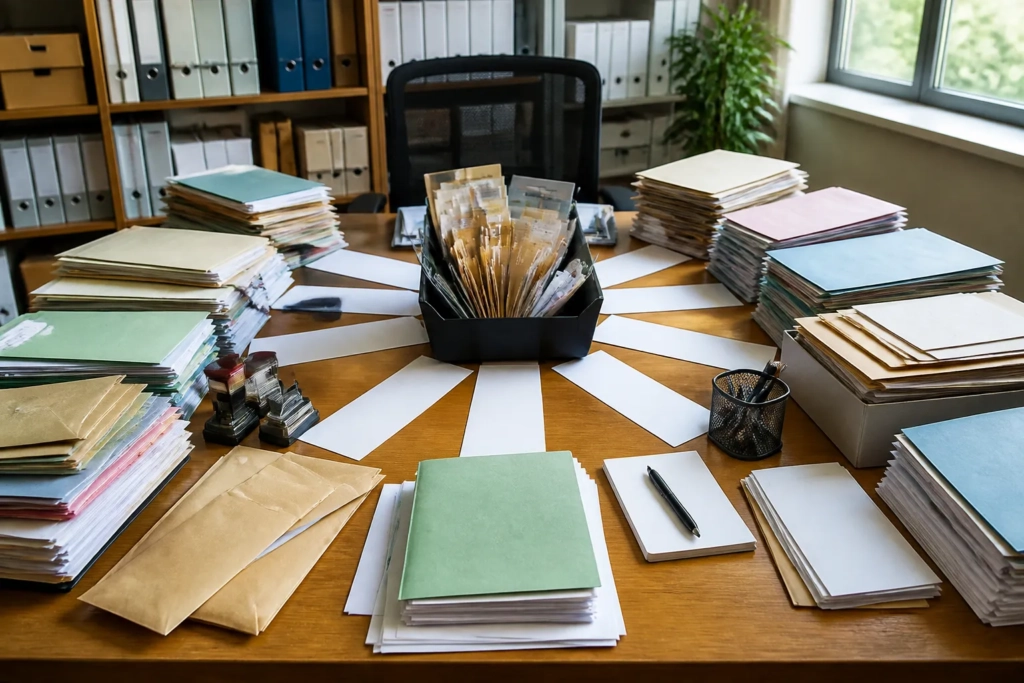 Una scrivania di segreteria scolastica con molti documenti, fascicoli e cartelle da gestire.