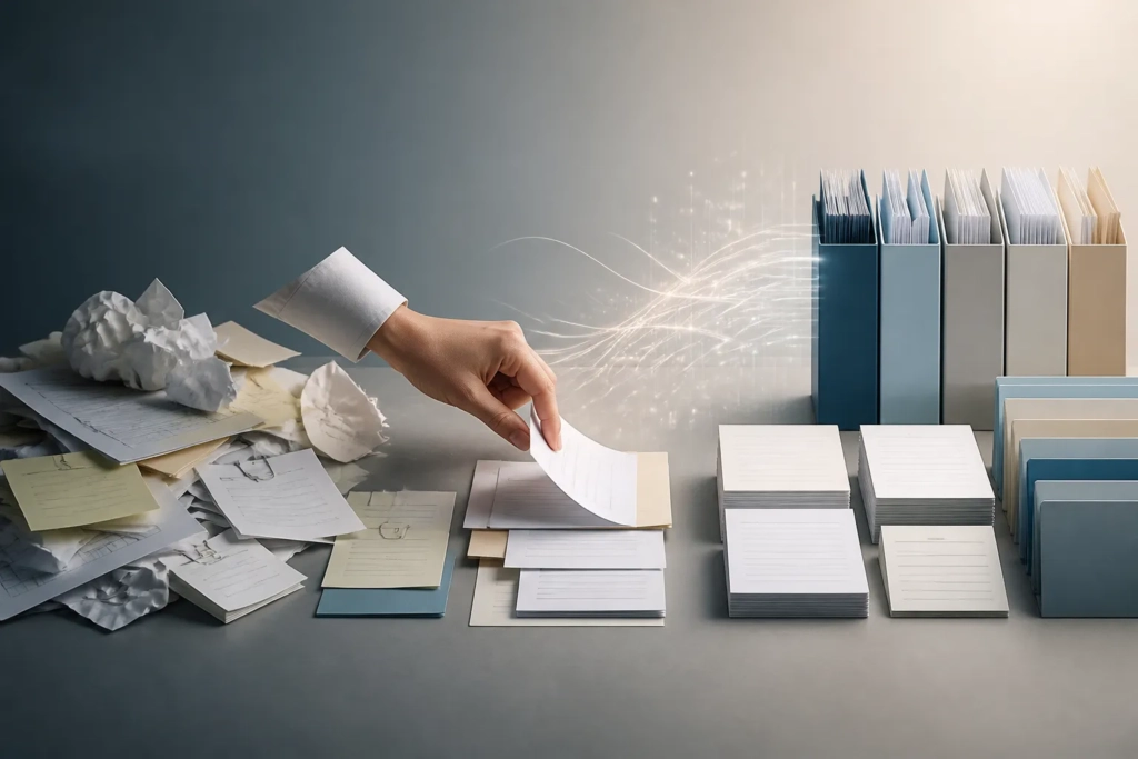 Una mano organizza documenti disordinati in un flusso più chiaro, con un supporto digitale astratto in secondo piano.