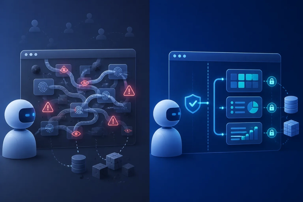 Confronto visivo tra automazione del browser e connessione autorizzata con permessi controllati.