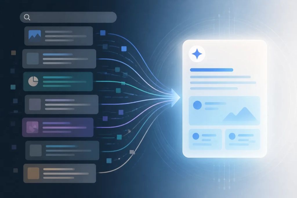 Una ricerca web tradizionale che si trasforma in una risposta sintetica generata dall’intelligenza artificiale.