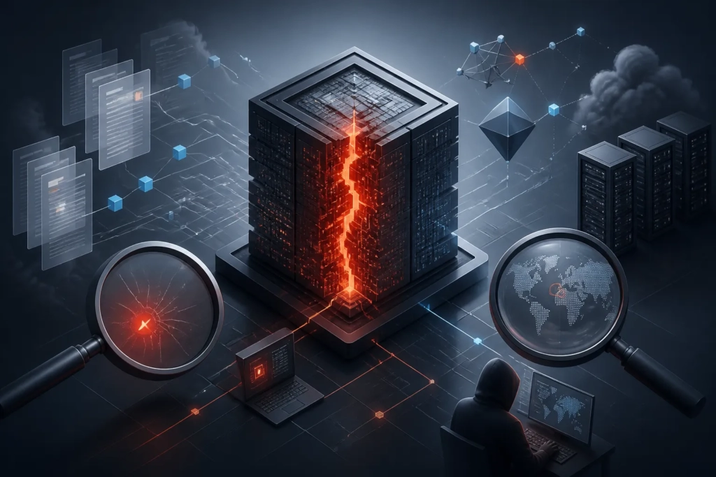 Illustrazione concettuale di un motore PHP vulnerabile analizzato da strumenti di intelligenza artificiale.