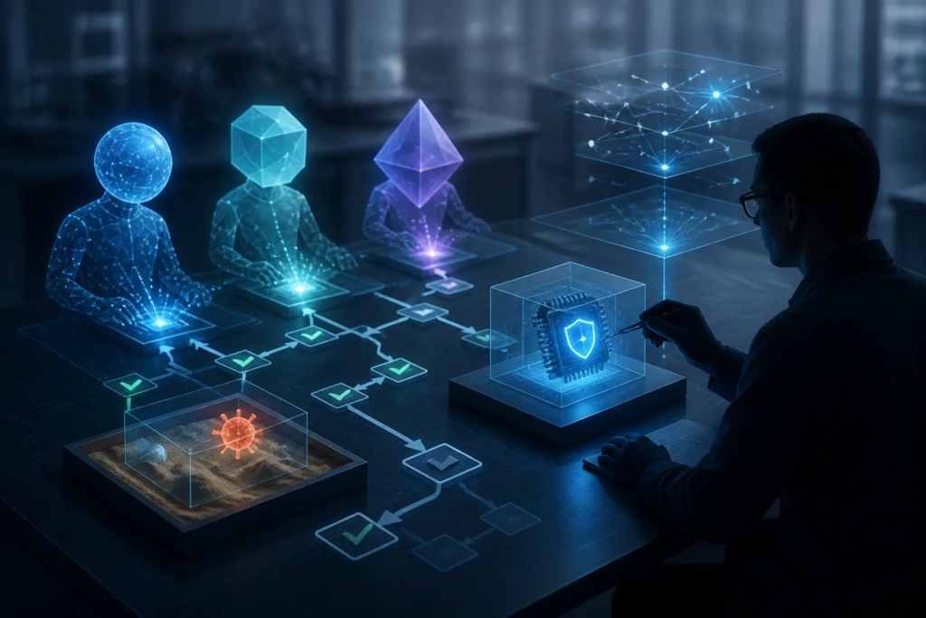 Illustrazione concettuale di ricercatori e modelli AI che collaborano in un ambiente controllato per testare e verificare una patch.