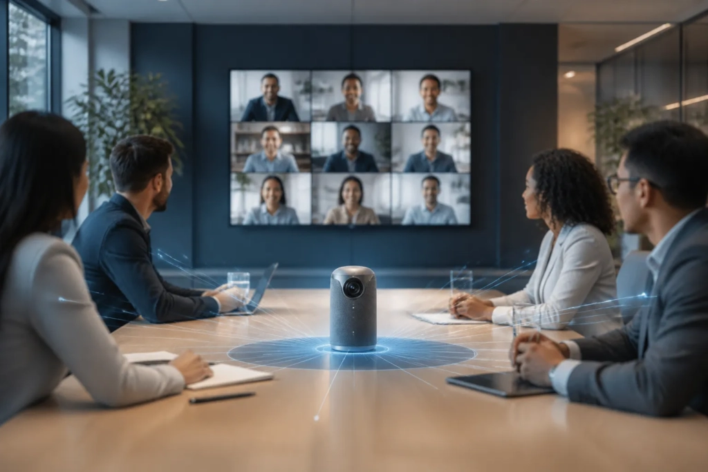 Sala riunioni ibrida con dispositivo audiovisivo centrale e partecipanti in presenza e da remoto