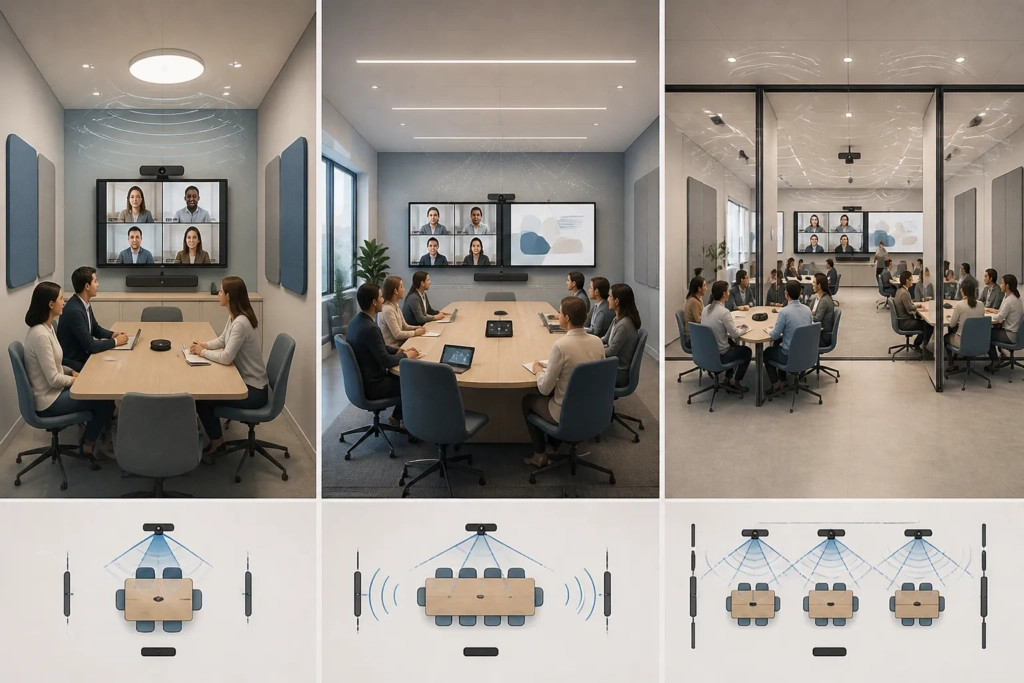 Tre sale riunione di dimensioni diverse con configurazioni audiovisive adattate