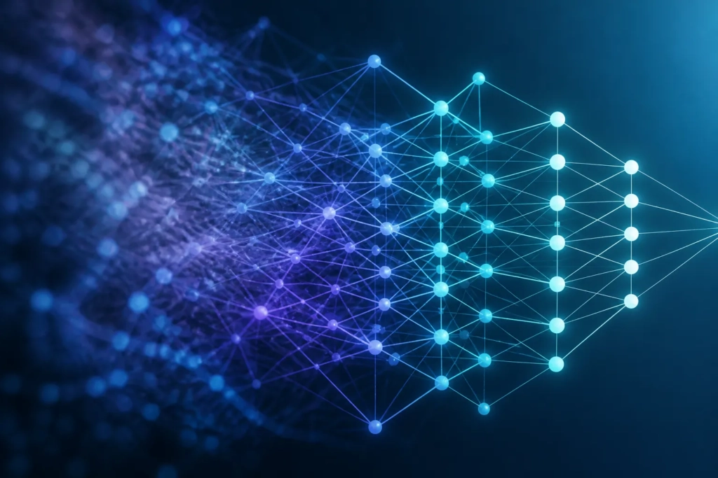 Rete neurale astratta che passa da una forma confusa a una più leggibile, a rappresentare l’interpretabilità interna.