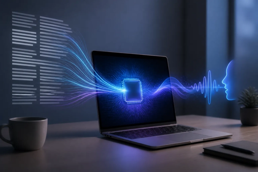 Un computer portatile trasforma testo astratto in onde sonore, a rappresentare la sintesi vocale locale su Mac.