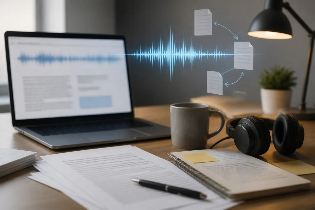 Una postazione di lavoro mostra il rapporto tra documento, ascolto audio e revisione editoriale.