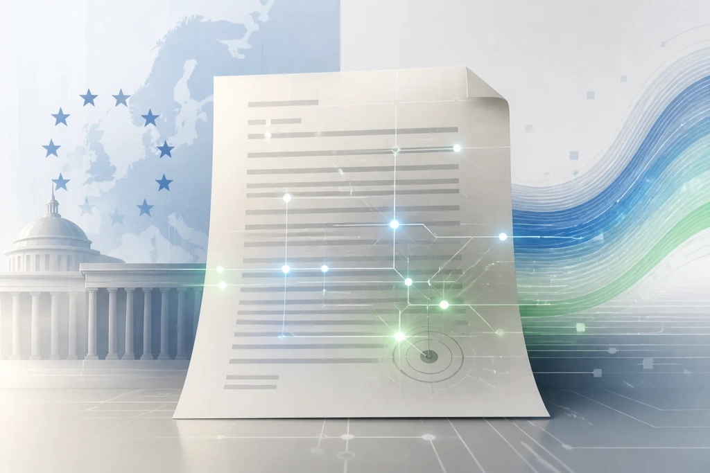 Illustrazione concettuale di un documento con segnali tecnici di provenienza artificiale in un contesto europeo.