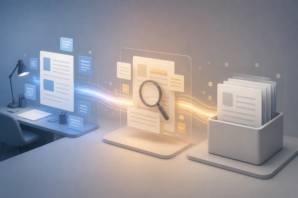 Schema visivo del passaggio di un testo attraverso strumenti editoriali con possibile perdita di tracciabilità.