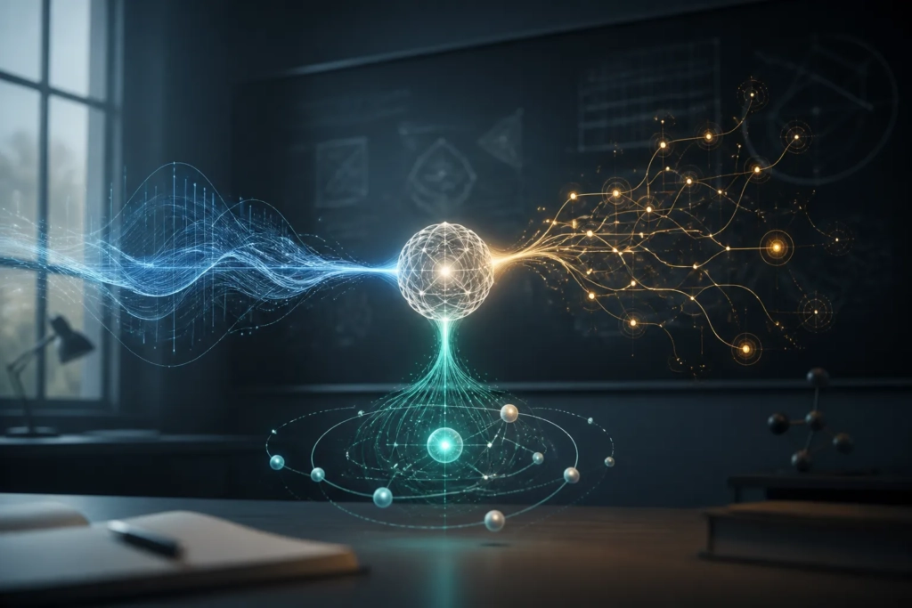 Illustrazione concettuale di tre ambiti scientifici collegati a un processo di verifica.