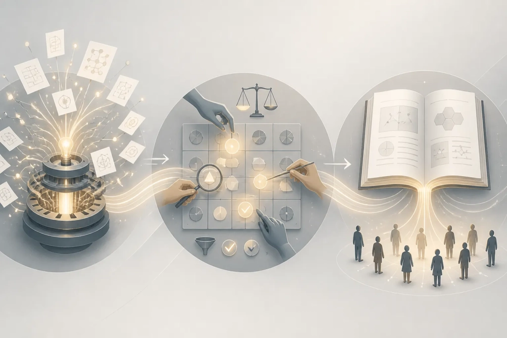 Workflow concettuale di ricerca: generazione, verifica e comunicazione.