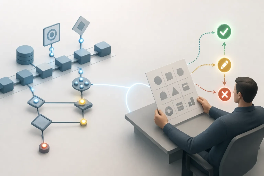 Rappresentazione concettuale del collegamento tra controllo automatico e decisione editoriale.